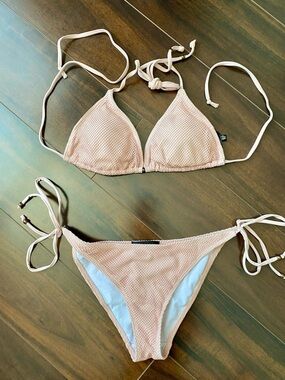 Missguided x A Bikini A Day Textured Tie Bikini Set in Light Peach
